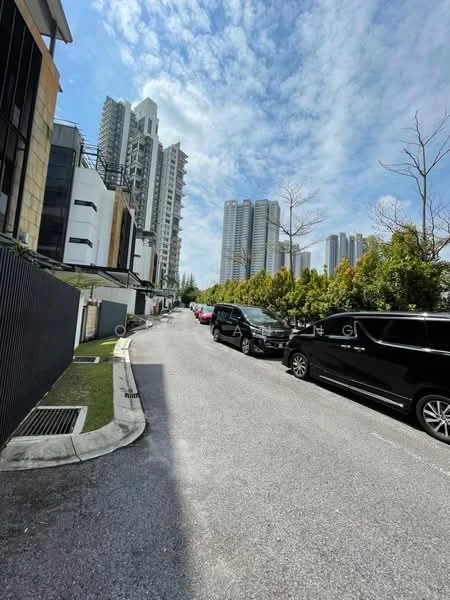 Exterior features: residential street view, surrounded by high-rise buildings, paved road, parked cars, green landscaping, clear blue sky; style: modern.