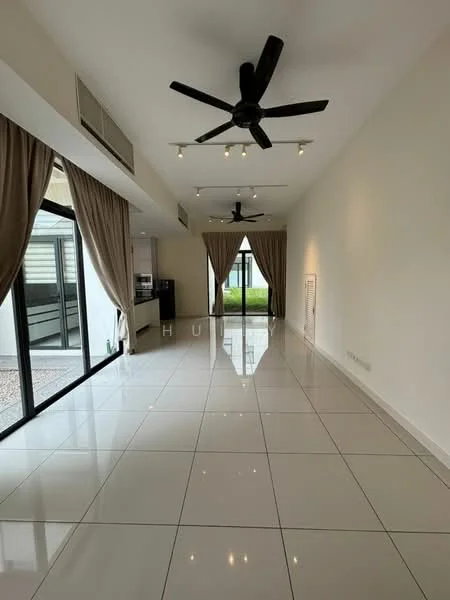 Living features: white painted walls, glossy white tile flooring, 2 ceiling fans, recessed downlights, floor-to-ceiling sliding glass doors, sheer curtains, open layout, view of outdoor space; style: modern; view: garden.