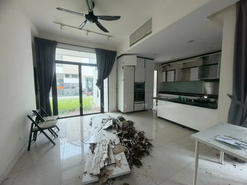Living features: white painted walls, glossy tile flooring, 5-blade ceiling fan, floor-to-ceiling windows, sliding glass door, grey curtains, kitchen cabinetry, built-in oven, stainless-steel fridge, debris on the floor; style: modern; view: garden.