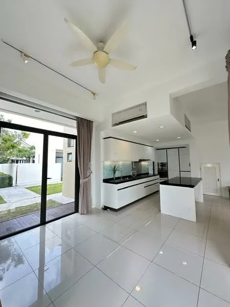 Kitchen features: white cabinetry with black countertops, island with seating, stainless-steel sink, chrome pull-down faucet, built-in oven, freestanding range oven, microwave, recessed downlights, 5-blade ceiling fan, sliding glass door, floor-to-ceiling windows, white tiled flooring, curtains, open layout to living area; style: modern; view: garden.
