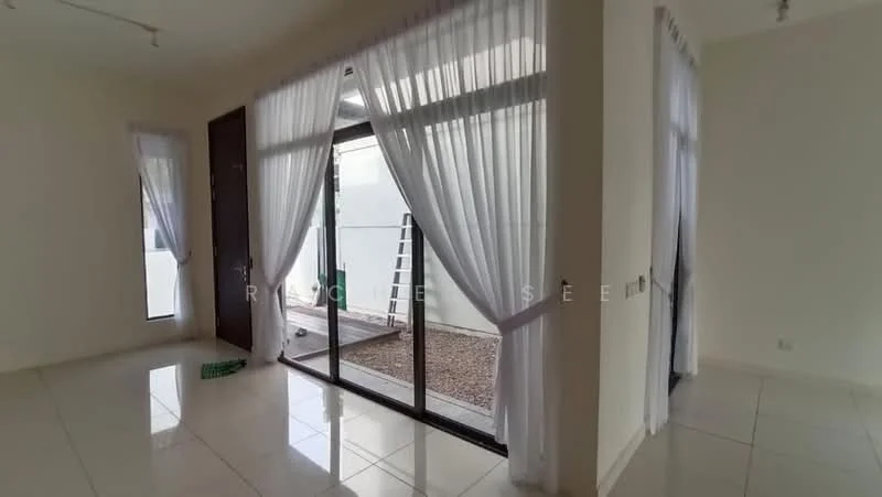 Room features: white painted walls, glossy tile flooring, floor-to-ceiling windows, sliding glass door, sheer curtains, outdoor view, lattice screen, natural light; style: modern; view: garden.