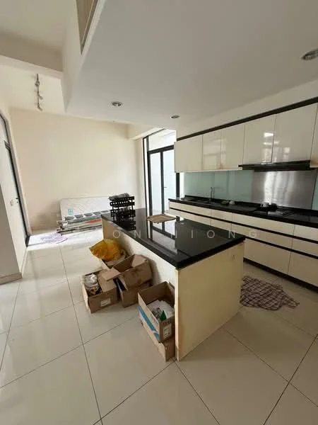 Kitchen features: black granite countertop, white cabinetry, stainless-steel sink, built-in stove, wall-mounted oven, tile flooring, large window for natural light, open layout, kitchen island, storage boxes on the floor, sofa bed in adjacent area; style: modern.