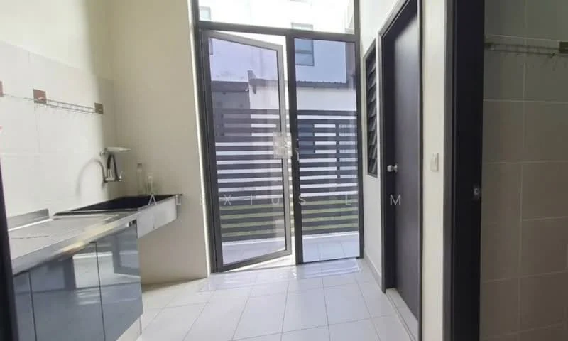Laundry features: black cabinetry, stainless-steel sink, single-bowl sink, countertop, white tiled walls, white tiled flooring, floor-to-ceiling windows, sliding glass door, view of outdoor space; style: modern; view: garden.