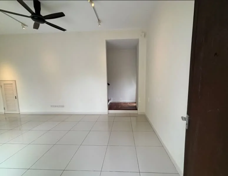 Room features: white painted walls, glossy white tile flooring, 5-blade ceiling fan, track lighting, doorway leading to another room, air conditioning vent, no visible furniture or decor; style: modern.