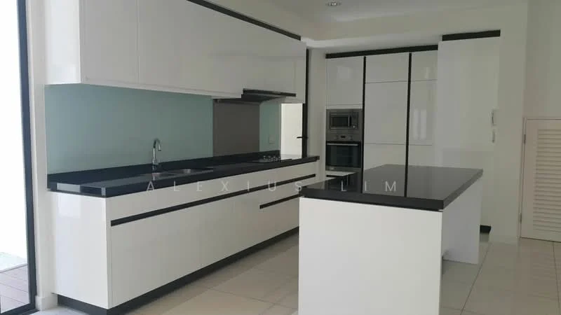 Kitchen features: white flat-panel cabinets, black granite countertop, single-bowl stainless-steel sink, chrome pull-down faucet, built-in oven, stainless-steel range hood, ceramic tile flooring, light blue backsplash, island with seating area, recessed downlights; style: modern.