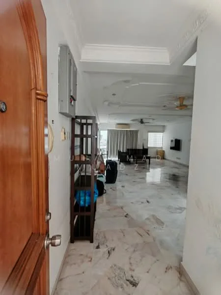 Room features: marble flooring, white painted walls, tray ceiling, ceiling fan, wall-mounted TV, large windows with curtains, open layout, entrance door, decorative wall panel, furniture storage unit; style: modern.