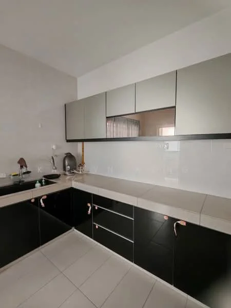Kitchen features: black cabinetry with silver handles, grey upper cabinets, white countertop, single-bowl stainless-steel sink, chrome pull-down faucet, built-in oven, ceramic tile flooring, wall-mounted kitchen cabinet, window with sheer curtains; style: modern.