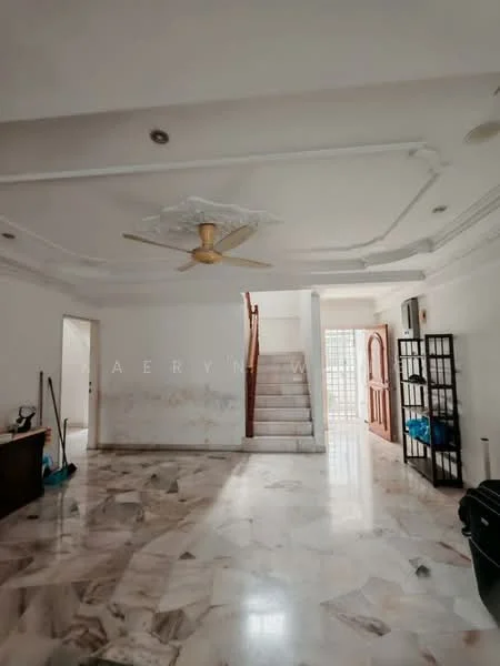 Living features: marble flooring, white painted walls, 5-blade ceiling fan, staircase leading to upper floor, natural light from windows, built-in shelving unit, clean and minimal decor, open layout; style: modern.
