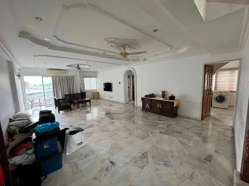 Living features: marble flooring, white painted walls with crown moulding, tray ceiling with ceiling fan, floor-to-ceiling windows, sliding glass door, wooden furniture, TV console, decorative ceiling rose, natural light from windows, open layout, view of city skyline; style: modern; view: city. Laundry features: front-load washing machine, wooden door.