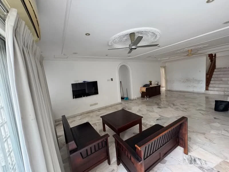 Living features: marble flooring, white painted walls, tray ceiling with ceiling rose, 5-blade ceiling fan, wall-mounted TV, two wooden sofas, wooden coffee table, large windows with sheer curtains, staircase in background, decorative wall feature; style: modern.