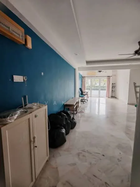 Room features: blue accent wall, white painted walls, marble flooring, ceiling fan, large windows, natural light, open layout, furniture including a chair and table, storage cabinet, black garbage bags; style: modern; view: garden.