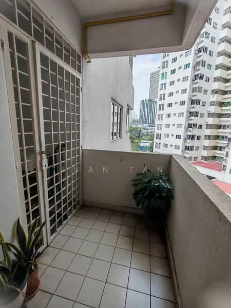 Room features: tiled flooring, white painted walls, sliding glass door, balcony railing, potted plant, city skyline view; view: city.