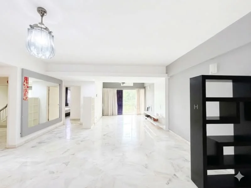 Living features: marble flooring, white painted walls, grey accent wall, chandelier, large sliding glass door, floor-to-ceiling windows, sheer curtains, built-in shelving unit, mirror on wall, open layout; style: modern; view: garden.