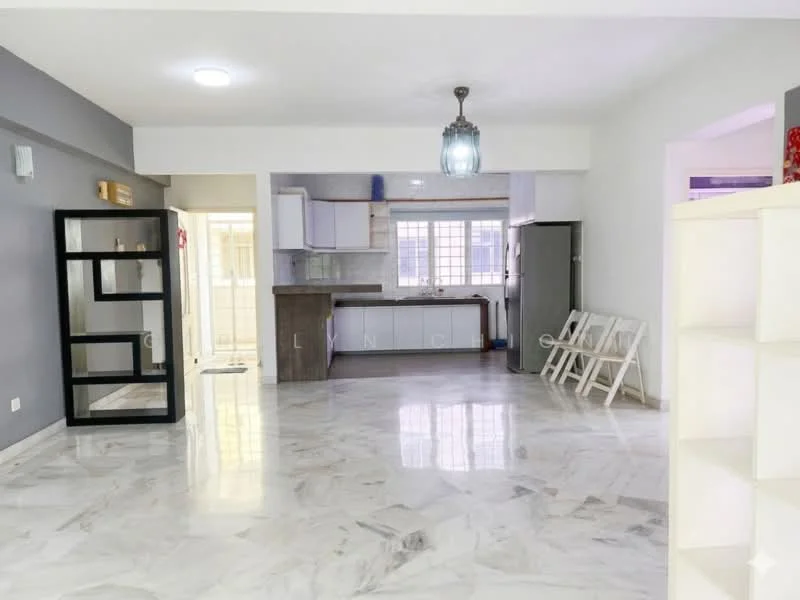 Living features: marble flooring, grey painted walls, recessed ceiling lights, pendant light fixture, open layout to kitchen, large windows for natural light, white cabinetry, stainless-steel fridge, kitchen island, neutral color palette, decorative shelving unit, dining chairs visible; style: modern.