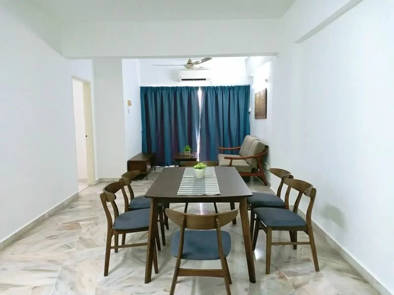 Dining features: 6-seater dining table, wooden dining chairs with blue upholstery, marble flooring, white painted walls, ceiling fan, curtains in dark blue, decorative wall art, sideboard, indoor plant on table; style: modern.