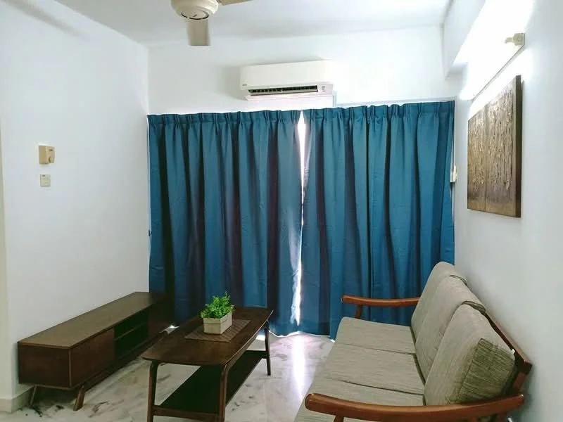 Living features: 3-seater fabric sofa in light grey, wooden coffee table, wooden TV console, floor-to-ceiling windows with blue curtains, wall-mounted split AC, marble flooring, decorative wall art, potted plant on coffee table; style: modern.