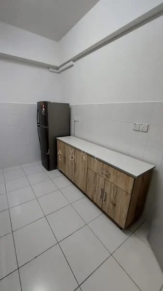 Kitchen features: white tiled walls, white tiled flooring, wooden cabinetry, white countertop, stainless-steel fridge, single-basin sink, wall-mounted faucet, electrical outlets; style: modern.