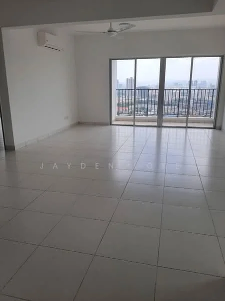 Living features: white painted walls, ceramic tile flooring, 5-blade ceiling fan, floor-to-ceiling windows, sliding glass door, city view, air conditioning unit, open layout; style: modern; view: city.