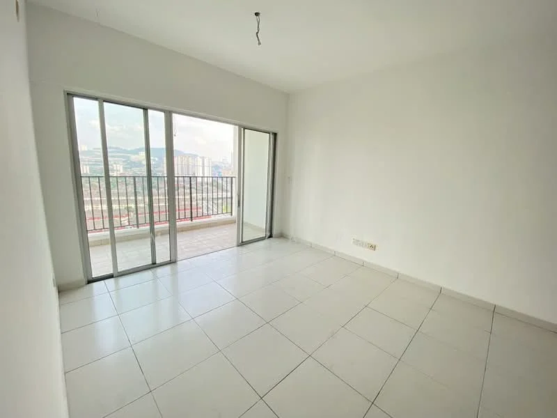 Room features: white painted walls, white ceiling, large sliding glass door, floor-to-ceiling windows, grey tile flooring, city view from window, no visible furniture, natural light from windows; style: modern; view: city.
