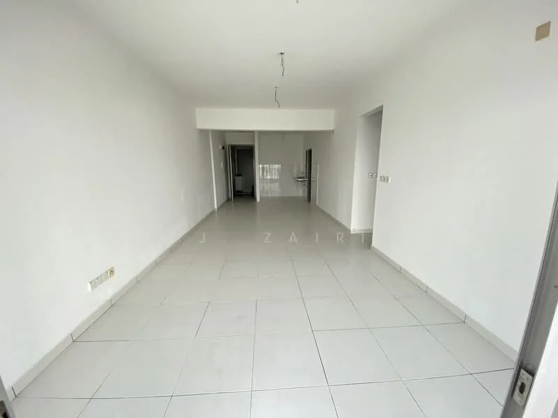 Room features: white painted walls, grey floor tiles, recessed ceiling lights, open layout, large windows, no visible furniture, neutral color scheme, smooth ceiling; style: modern.