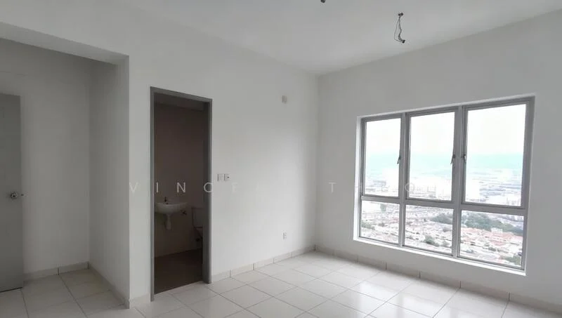 Room features: white painted walls, tile flooring, floor-to-ceiling windows, city view, single door, light fixture wiring visible, corner room; view: city.