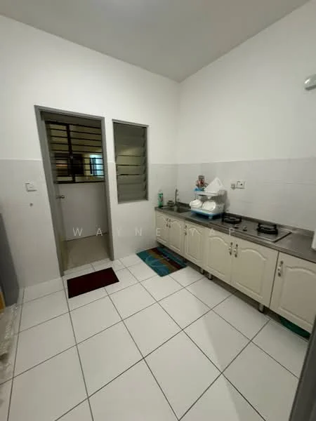 Kitchen features: white tiled walls, white tiled flooring, stainless-steel countertop, double-burner gas hob, built-in cabinetry with white doors, sink, window with metal grille, door leading to utility area; style: modern.