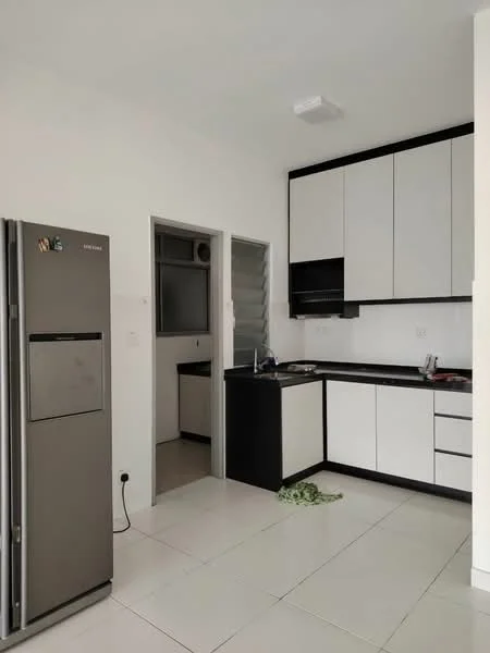 Kitchen features: stainless-steel side-by-side fridge, black and white cabinetry, black countertop, single-bowl stainless-steel sink, chrome pull-down faucet, ceramic tile flooring, wall-mounted cabinets, open shelving, recessed downlights, window with sliding grille, kitchen island, white painted walls; style: modern.