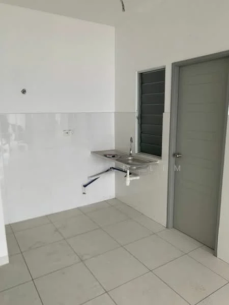 Room features: white tiled walls, white tiled flooring, stainless-steel sink, chrome faucet, single window, grey door, no visible cabinetry, minimalist design; style: modern.