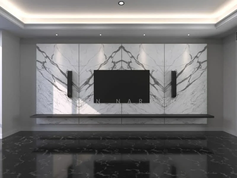 Living features: marble feature wall with grey veining, black wall-mounted TV, floating black media console, black marble flooring, recessed ceiling lights, crown moulding, neutral painted walls, modern minimalist design; style: modern.