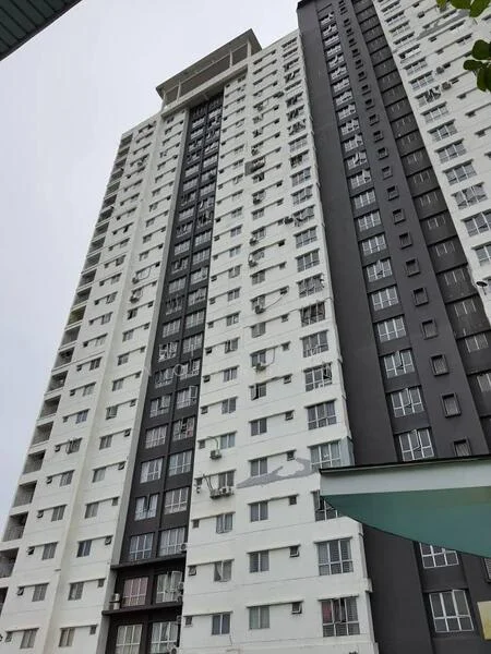 Exterior type: high-rise condominium; features: white painted facade, dark grey accent wall, balconies with sliding glass doors, multiple air conditioning units visible, approximately 20-storey high-rise, modern architectural design; style: modern.