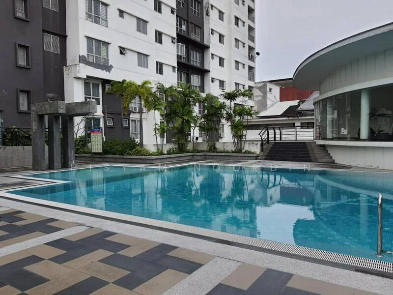 Exterior type: high-rise condominium; features: infinity pool, pool deck with loungers, surrounding tropical landscaping, manicured lawn, modern architectural design, glass facade, concrete pool edge, paved walkway around pool; style: modern.