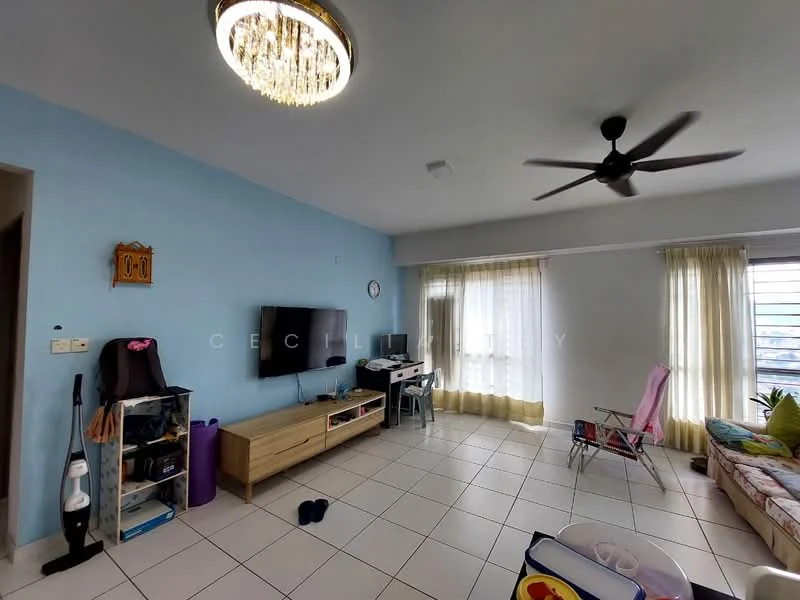 Living features: light blue painted walls, white ceiling, 5-blade ceiling fan with light, large window with sheer curtains, floor-to-ceiling window, wall-mounted TV, wooden TV console, white tiled flooring, sofa with colorful cushions, coffee table, foldable chair, decorative wall clock, area rug; style: modern; view: city.