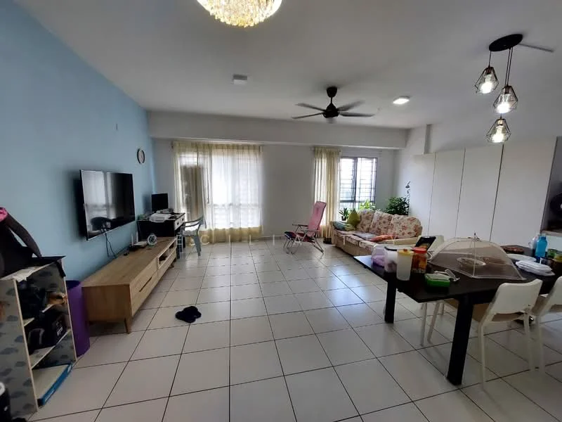 Living features: light blue painted walls, white ceiling, 5-blade ceiling fan with light, large windows with sheer curtains, tile flooring, sofa with floral pattern, coffee table, TV console, wall-mounted TV, dining table with white chairs, decorative plants, area rug; style: modern.