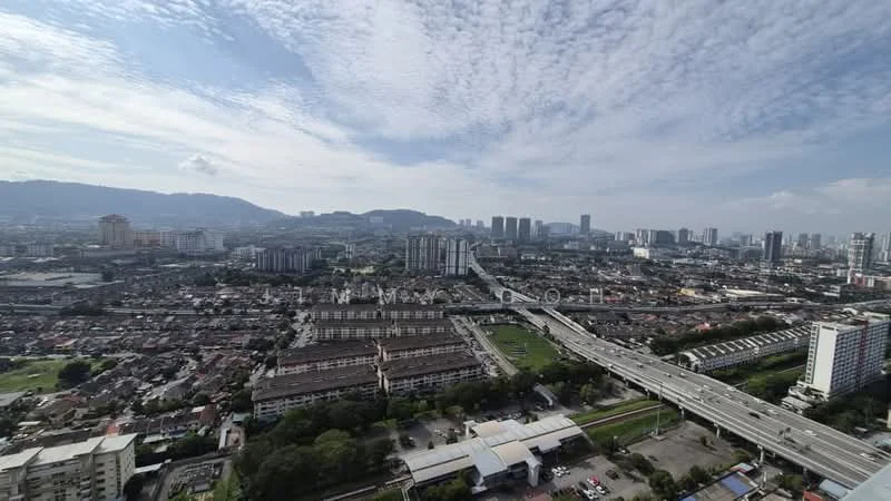 Exterior type: high-rise condominium; features: city skyline view, surrounded by urban landscape, highway visible, multiple high-rise buildings, mountain range in background, open sky with clouds; style: modern.