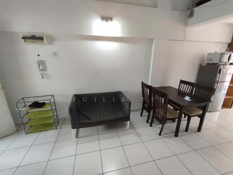 Living features: white painted walls, tile flooring, 5-blade ceiling fan, sofa in grey fabric, 4-seater dining table with wooden chairs, refrigerator, microwave, open shelving unit, intercom system, wall-mounted air conditioning unit; style: modern.