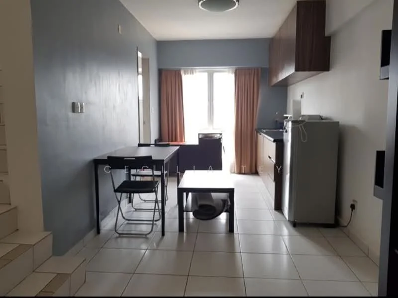 Living features: white painted walls, grey accent wall, tile flooring, floor-to-ceiling window, curtains, black dining table, 4 black chairs, coffee table, stainless-steel fridge, kitchen cabinetry, kitchen countertop, built-in oven, sink, stove, recessed ceiling light; style: modern.