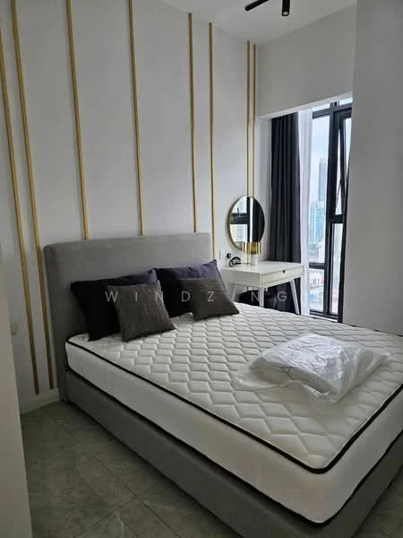 Bedroom features: queen-size bed, upholstered headboard in grey, white quilted mattress, two black decorative pillows, white bedding, round mirror on vanity, white vanity table, black chair, grey accent wall with vertical gold stripes, floor-to-ceiling window, curtains in dark color, tile flooring in light color; style: modern; view: city.