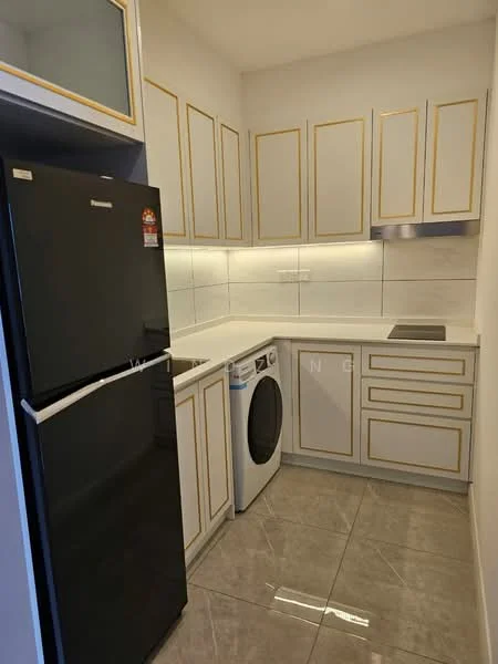 Kitchen features: black fridge, white washing machine, white cabinetry with gold trim, white countertop, stainless-steel sink, built-in stove, grey tile flooring, wall-mounted cabinets, backsplash with white tiles; style: modern.