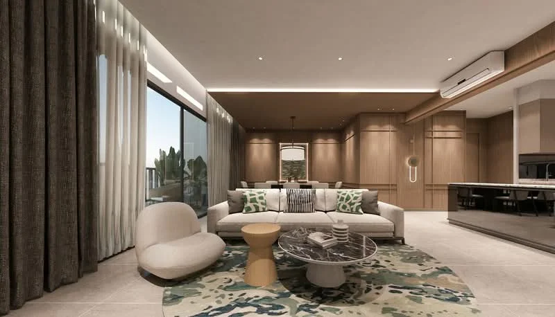 Living features: 3-seater fabric sofa in light grey, accent pillows with green patterns, round coffee table with marble top, area rug with abstract pattern, floor-to-ceiling windows, sheer curtains, recessed downlights, wood paneling on walls, built-in cabinetry, ceiling-mounted air conditioning unit; style: modern; view: garden.
