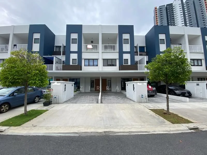 Exterior type: linked terrace house; features: two-storey building, blue and white painted facade, balconies on upper floor, manicured landscaping, driveway with interlocking pavers, car porch for multiple vehicles, front garden with small trees, visible neighboring buildings, modern architectural design; style: modern.