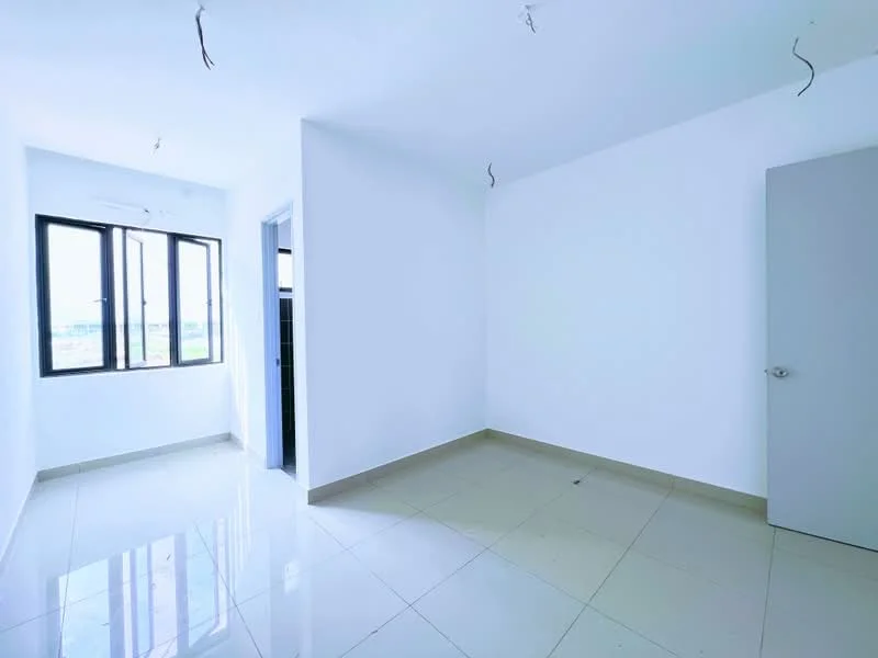Room features: white painted walls, glossy ceramic tile flooring, floor-to-ceiling windows, single door, no visible ceiling fixtures, natural light from windows, empty space; style: minimalist; view: garden.