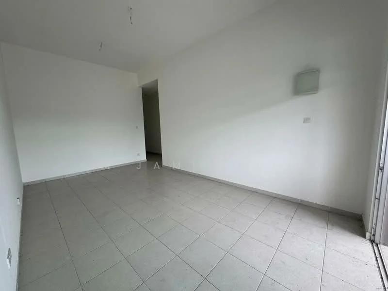 Room features: white painted walls, tile flooring, no visible furniture, large windows, minimal decor, neutral color scheme, ceiling lights, open layout; style: minimalist.