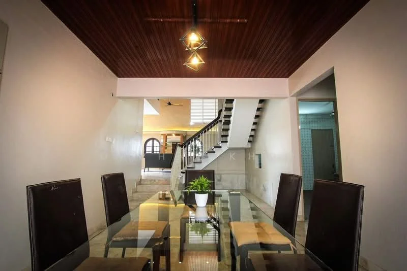 Dining features: glass dining table, upholstered dining chairs, wooden ceiling with exposed beams, pendant lighting, marble flooring, neutral painted walls, open layout to living area, decorative indoor plant; style: modern. Room features: staircase with metal railing, neutral painted walls, open space leading to other rooms.