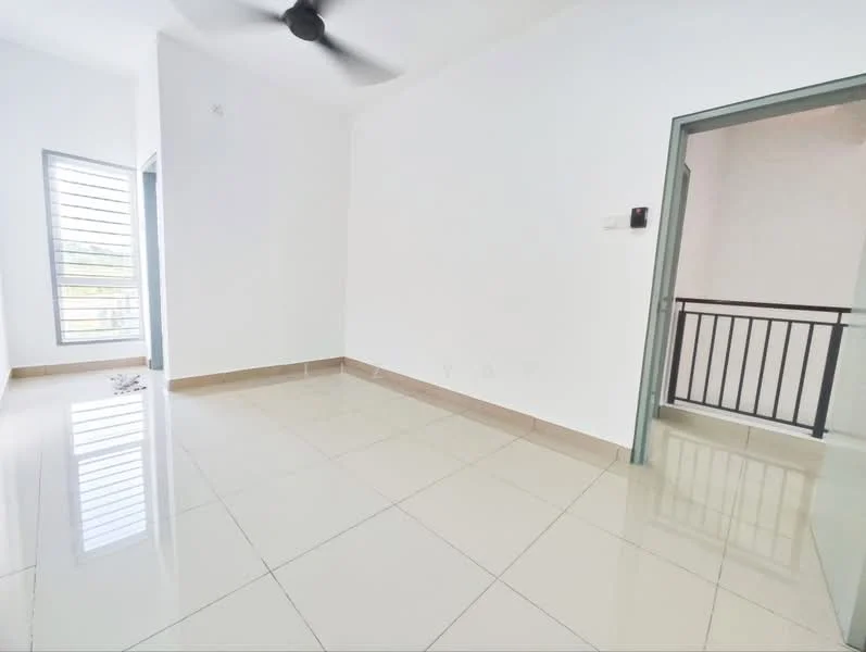 Room features: white painted walls, glossy ceramic tile flooring, 5-blade ceiling fan, large window with horizontal slats, doorway leading to balcony, neutral colour scheme, no visible furniture, natural light from window; style: modern.