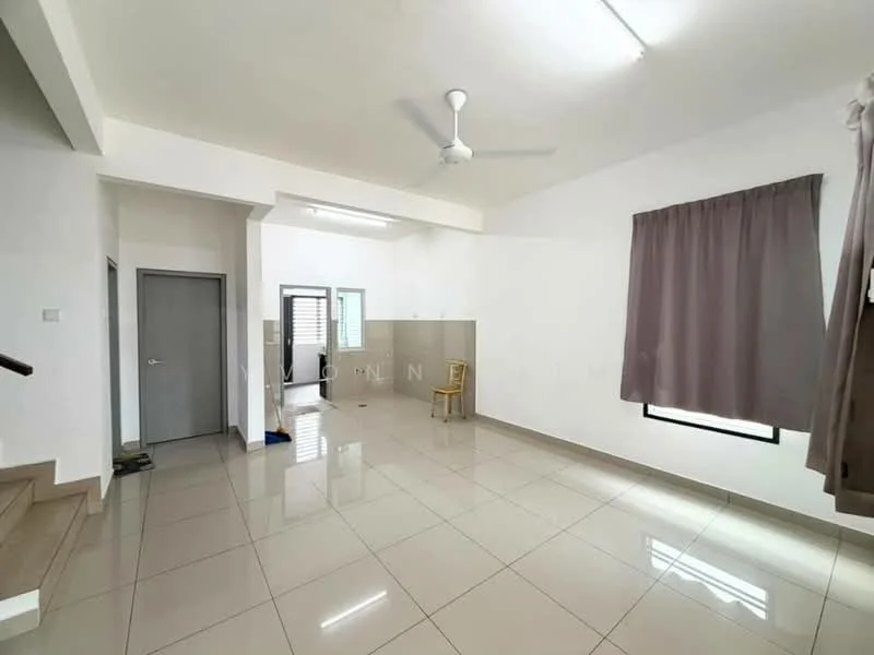 Room features: white painted walls, glossy ceramic tile flooring, ceiling with fluorescent lighting, 5-blade ceiling fan, large window with sheer curtains, grey curtain, door leading to another room, staircase visible in the background, wooden chair; style: modern.