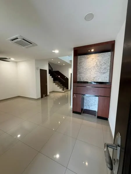 Room features: white painted walls, glossy ceramic tile flooring, recessed downlights, 1 wall-mounted split AC, staircase in background, built-in cabinetry with marble backsplash, open space layout, neutral color scheme; style: modern.