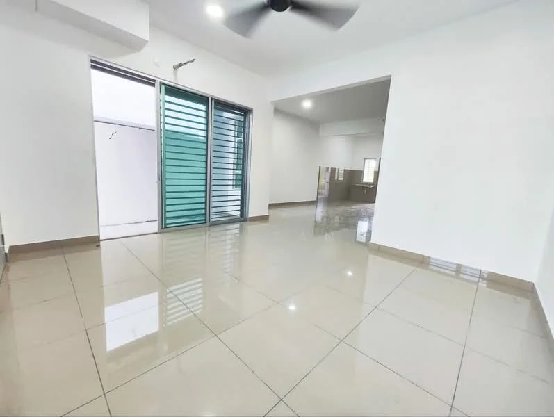 Room features: white painted walls, glossy ceramic tile flooring, 5-blade ceiling fan, sliding glass door, floor-to-ceiling windows, natural light, open layout, neutral color scheme; style: modern.
