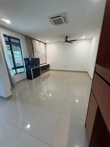 Living features: glossy ceramic tile flooring, white painted walls, recessed downlights, 5-blade ceiling fan, wall-mounted TV console, large window with black grille, built-in cabinetry, air conditioning unit; style: modern.