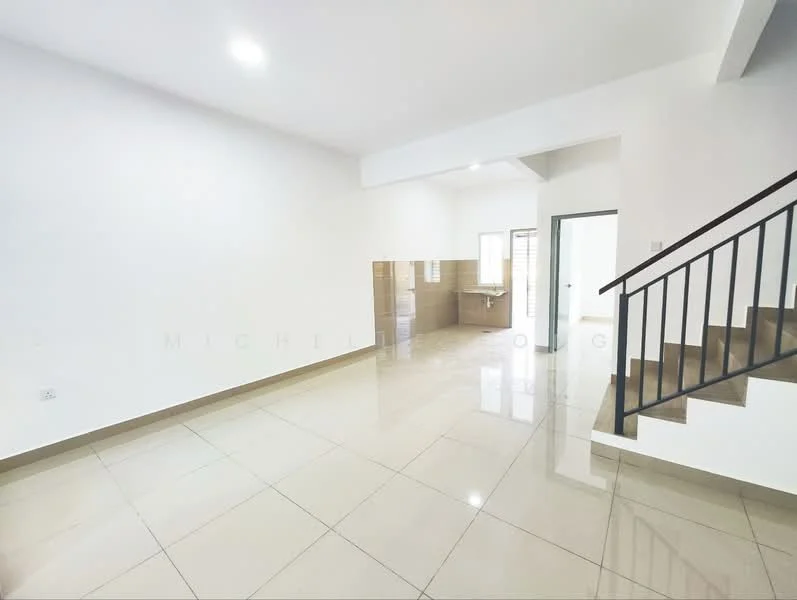 Living features: white painted walls, glossy ceramic tile flooring, recessed downlights, open layout, staircase with metal railing, large windows for natural light, kitchen area with tiled backsplash, neutral color palette; style: modern.