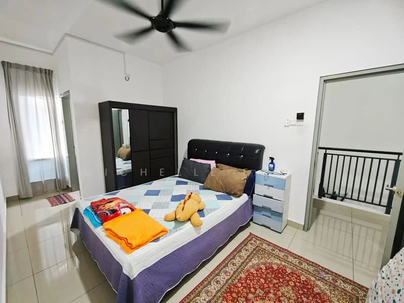 Bedroom features: queen-size bed with upholstered headboard, bedding in blue and white, 2 bedside tables, black wardrobe, ceiling fan, window with sheer curtains, decorative area rug with floral pattern, teddy bear on bed, wall-mounted light switch, tile flooring; style: modern.